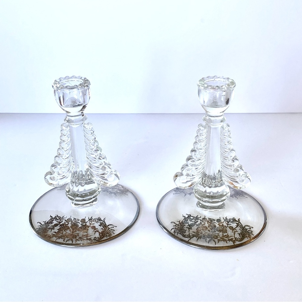 Vintage Paden City Glass Nerva Floral Silver Overlay Set of 2 Candlesticks